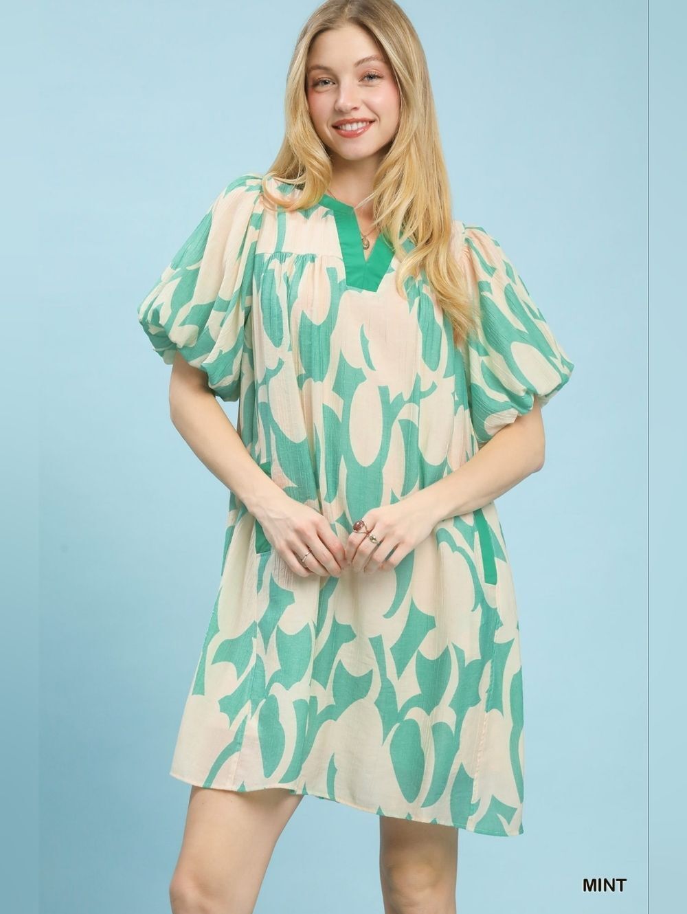 Umgee Abstract Print Puff Mint Cream Puff-Sleeve Shift Dress Sz Medium